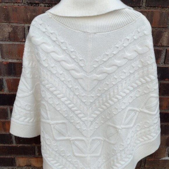 Talbots White Cable Knit Poncho Sweater Cowl Neck Cotton Blend XS NWT - Picture 3 of 7